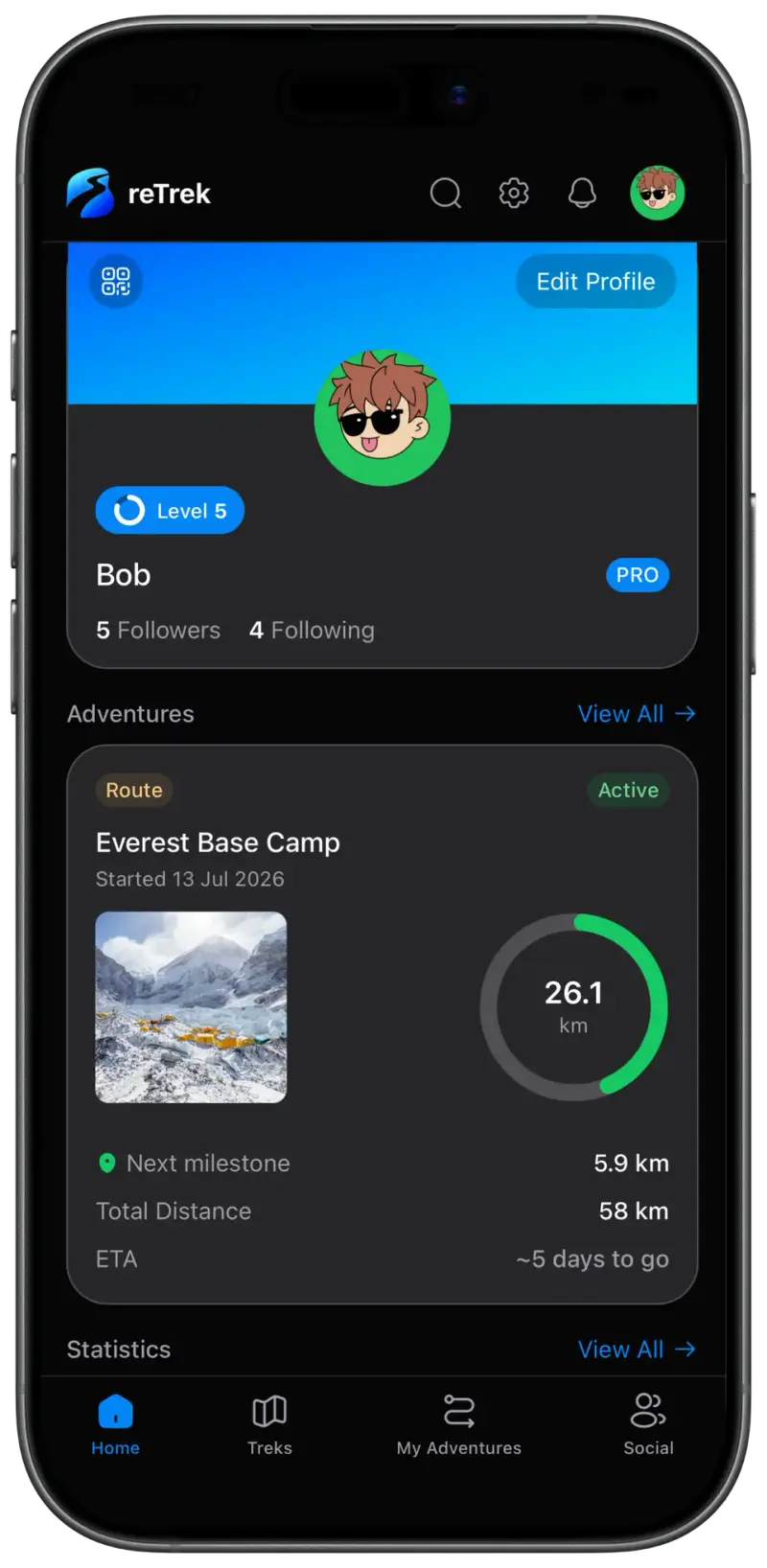 reTrek home screen showing walking progress along the Everest Base Camp route